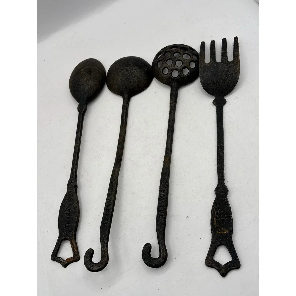 Vintage 4 Piece Cast Iron Kitchen Utensils Hanging Rustic Primitive Patina Farm